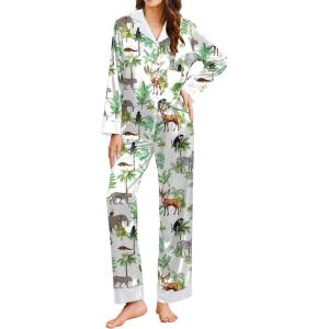Ekouaer Silk Pajamas for Women Long Sleeve Satin Pajama Set Silky Pj Sets 2 Piece Button Down Loungewear Sleepwear(Safari Animal-zebra、elk and Elephant)