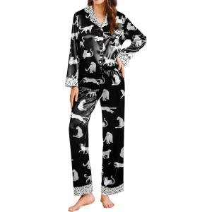 Ekouaer Silk Pajamas for Women Long Sleeve Satin Pajama Set Silky Pj Sets 2 Piece Button Down Loungewear Sleepwear(Snow Cheetah Leopard)