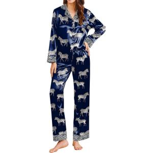 Ekouaer Silk Pajamas for Women Long Sleeve Satin Pajama Set Silky Pj Sets 2 Piece Button Down Loungewear Sleepwear(Zebra Print)