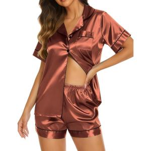Ekouaer Silk Pajamas for Women Short Sleeve Sleepwear Soft Button Down Loungewear 2 Piece Satin Pjs Shorts Set(Brown)