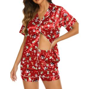 Ekouaer Silk Pajamas for Women Short Sleeve Sleepwear Soft Button Down Loungewear 2 Piece Satin Pjs Shorts Set(Christmas Red)