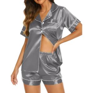 Ekouaer Silk Pajamas for Women Short Sleeve Sleepwear Soft Button Down Loungewear 2 Piece Satin Pjs Shorts Set(Dark Grey)