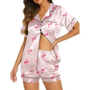 Ekouaer Silk Pajamas for Women Short Sleeve Sleepwear Soft Button Down Loungewear 2 Piece Satin Pjs Shorts Set(Flamingo Champagne)
