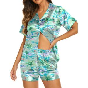 Ekouaer Silk Pajamas for Women Short Sleeve Sleepwear Soft Button Down Loungewear 2 Piece Satin Pjs Shorts Set(Flamingo Light Green)