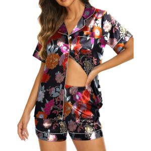 Ekouaer Silk Pajamas for Women Short Sleeve Sleepwear Soft Button Down Loungewear 2 Piece Satin Pjs Shorts Set(Floral Black)