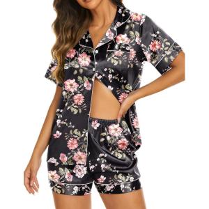 Ekouaer Silk Pajamas for Women Short Sleeve Sleepwear Soft Button Down Loungewear 2 Piece Satin Pjs Shorts Set(Floral Black Pink)