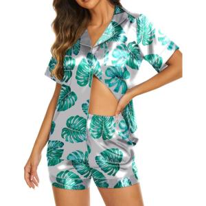 Ekouaer Silk Pajamas for Women Short Sleeve Sleepwear Soft Button Down Loungewear 2 Piece Satin Pjs Shorts Set(Floral Green Leaves)