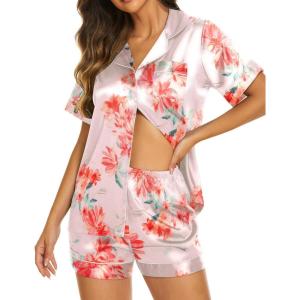 Ekouaer Silk Pajamas for Women Short Sleeve Sleepwear Soft Button Down Loungewear 2 Piece Satin Pjs Shorts Set(Floral Light Pink)