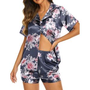 Ekouaer Silk Pajamas for Women Short Sleeve Sleepwear Soft Button Down Loungewear 2 Piece Satin Pjs Shorts Set(Floral Navy Pink)