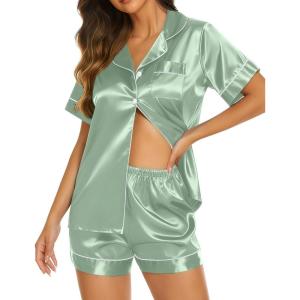 Ekouaer Silk Pajamas for Women Short Sleeve Sleepwear Soft Button Down Loungewear 2 Piece Satin Pjs Shorts Set(Ice Green)