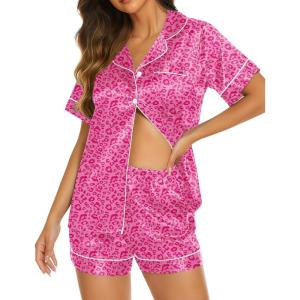 Ekouaer Silk Pajamas for Women Short Sleeve Sleepwear Soft Button Down Loungewear 2 Piece Satin Pjs Shorts Set(Leopard Rose)