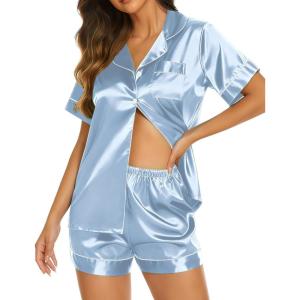 Ekouaer Silk Pajamas for Women Short Sleeve Sleepwear Soft Button Down Loungewear 2 Piece Satin Pjs Shorts Set(Light Blue)