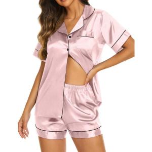 Ekouaer Silk Pajamas for Women Short Sleeve Sleepwear Soft Button Down Loungewear 2 Piece Satin Pjs Shorts Set(Light Pink)