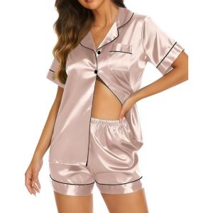 Ekouaer Silk Pajamas for Women Short Sleeve Sleepwear Soft Button Down Loungewear 2 Piece Satin Pjs Shorts Set(Pale Coffee)