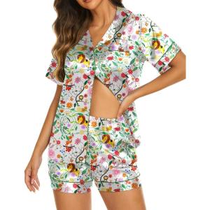 Ekouaer Silk Pajamas for Women Short Sleeve Sleepwear Soft Button Down Loungewear 2 Piece Satin Pjs Shorts Set(White-animal)