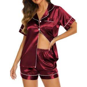 Ekouaer Silk Pajamas for Women Short Sleeve Sleepwear Soft Button Down Loungewear 2 Piece Satin Pjs Shorts Set(Wine)