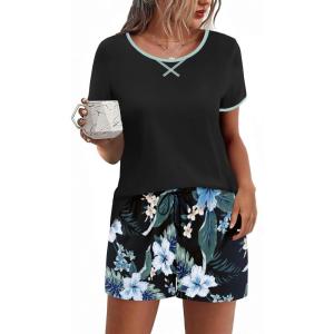 Ekouaer Women Pajama Set Casual Short Set(Black and Blue Flower)