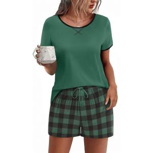 Ekouaer Women Pajama Set Casual Short Set(Black and Green Plaid)