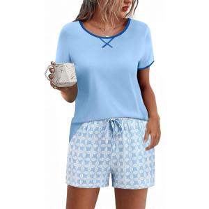 Ekouaer Women Pajama Set Casual Short Set(Blue Checkerboard)