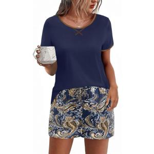 Ekouaer Women Pajama Set Casual Short Set(Blue Paisley Print)