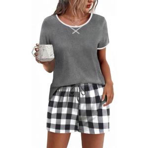 Ekouaer Women Pajama Set Casual Short Set(Dark Grey and White Plaid)