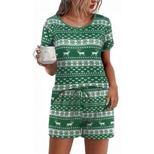 Ekouaer Women Pajama Set Casual Short Set(Green Christmas Print)