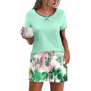Ekouaer Women Pajama Set Casual Short Set(Green Hawaii Leaves)