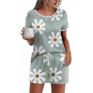 Ekouaer Women Pajama Set Casual Short Set(Grey and White Flowers)