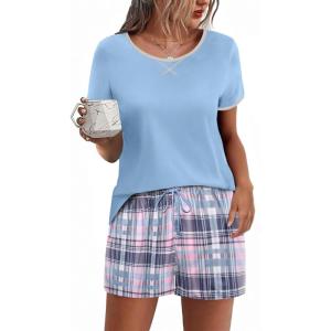 Ekouaer Women Pajama Set Casual Short Set(Light Blue and White Plaid)