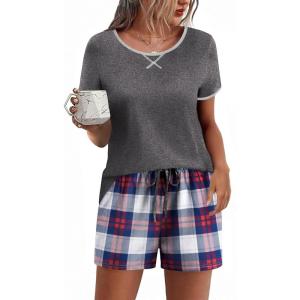 Ekouaer Women Pajama Set Casual Short Set(Navy Blue Black & Red Plaid)