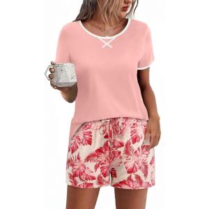 Ekouaer Women Pajama Set Casual Short Set(Pink Floral)