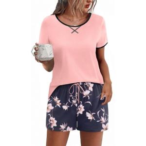 Ekouaer Women Pajama Set Casual Short Set(Pink and Blue Flower)