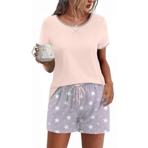 Ekouaer Women Pajama Set Casual Short Set(Pink and White Star)