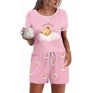 Ekouaer Women Pajama Set Casual Short Set(Pink-wind Love Teddy Bear)