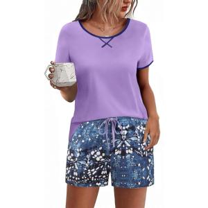 Ekouaer Women Pajama Set Casual Short Set(Purple-blue Tie Dye Pattern)