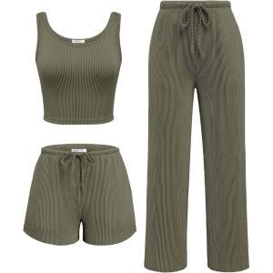 Ekouaer Women’s 3 Piece Lounge Set Ribbed Soft Pajama Set – Crop Top, Shorts & Pants Vacation Outfits With Pokcet(Army Green)