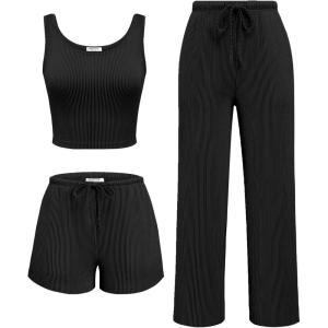 Ekouaer Women’s 3 Piece Lounge Set Ribbed Soft Pajama Set – Crop Top, Shorts & Pants Vacation Outfits With Pokcet(Black)