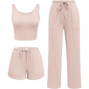 Ekouaer Women’s 3 Piece Lounge Set Ribbed Soft Pajama Set – Crop Top, Shorts & Pants Vacation Outfits With Pokcet(Champagne)