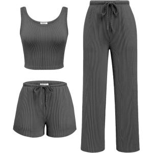 Ekouaer Women’s 3 Piece Lounge Set Ribbed Soft Pajama Set – Crop Top, Shorts & Pants Vacation Outfits With Pokcet(Dark Gery)