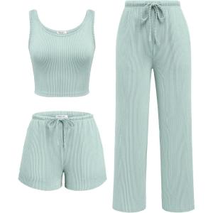 Ekouaer Women’s 3 Piece Lounge Set Ribbed Soft Pajama Set – Crop Top, Shorts & Pants Vacation Outfits With Pokcet(Ice Cream Green)