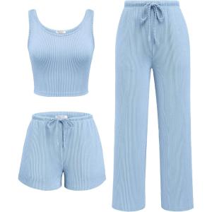 Ekouaer Women’s 3 Piece Lounge Set Ribbed Soft Pajama Set – Crop Top, Shorts & Pants Vacation Outfits With Pokcet(Light Blue)