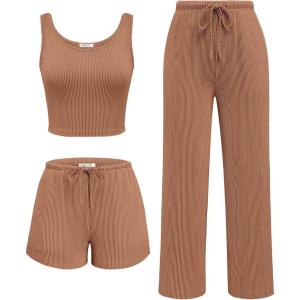 Ekouaer Women’s 3 Piece Lounge Set Ribbed Soft Pajama Set – Crop Top, Shorts & Pants Vacation Outfits With Pokcet(Light Brown)