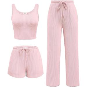 Ekouaer Women’s 3 Piece Lounge Set Ribbed Soft Pajama Set – Crop Top, Shorts & Pants Vacation Outfits With Pokcet(Light Pink)