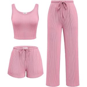 Ekouaer Women’s 3 Piece Lounge Set Ribbed Soft Pajama Set – Crop Top, Shorts & Pants Vacation Outfits With Pokcet(Pink)