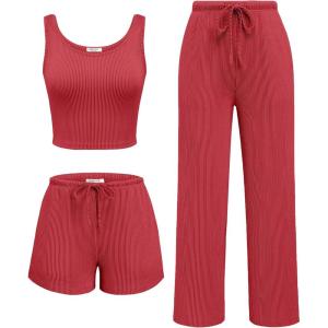 Ekouaer Women’s 3 Piece Lounge Set Ribbed Soft Pajama Set – Crop Top, Shorts & Pants Vacation Outfits With Pokcet(Red)