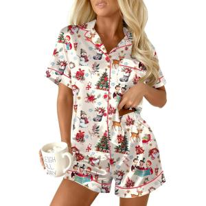 Ekouaer Womens Christmas Pajamas Silk Satin Sleepwear Holiday Matching Pjs Funny Short Sleeve Button Down Nightwear Set S-XXL(Christmas Champagne)