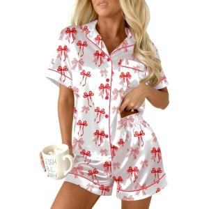 Ekouaer Womens Christmas Pajamas Silk Satin Sleepwear Holiday Matching Pjs Funny Short Sleeve Button Down Nightwear Set S-XXL(White Red Bow Knot)