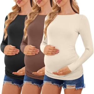 Ekouaer Womens Maternity Shirts Boat Neck 3 Packs Pregnancy Tops Long Sleeve Tunic Tees Casual Blouse New Mama Clothes S-XXL(Black/Beige/Brown)