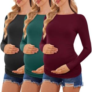 Ekouaer Womens Maternity Shirts Boat Neck 3 Packs Pregnancy Tops Long Sleeve Tunic Tees Casual Blouse New Mama Clothes S-XXL(Black/Dark Red/Lake Green)