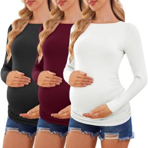 Ekouaer Womens Maternity Shirts Boat Neck 3 Packs Pregnancy Tops Long Sleeve Tunic Tees Casual Blouse New Mama Clothes S-XXL(Black/Dark Red/White)